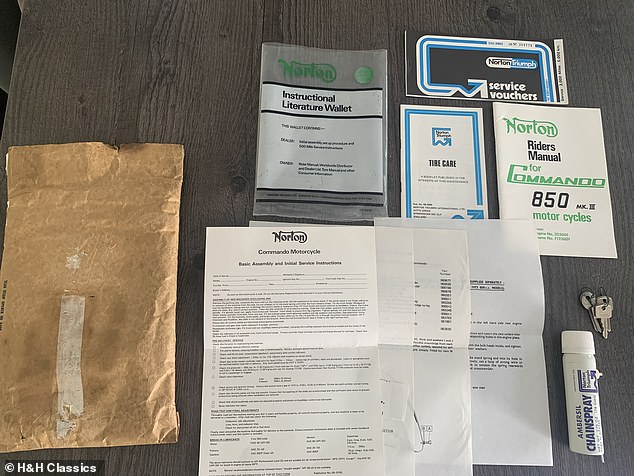 The bike's auction sale includes three sets of keys, manufacturer¿s advice sheets for the dealer, owners manual, service book, plus even a small spray can of Norton chain lube - possibly the last in existence