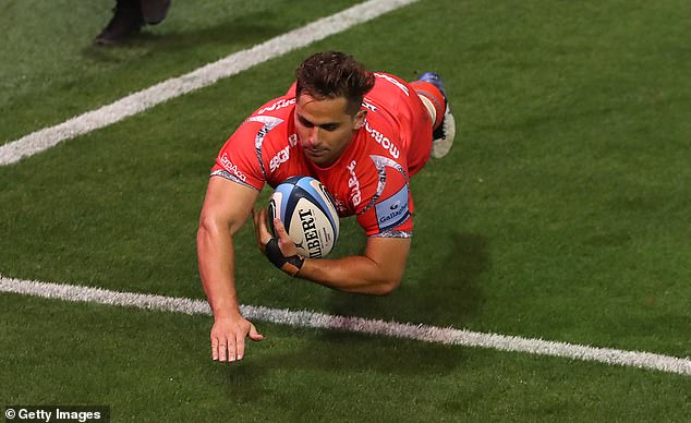 Sharks' Rohan Janse van Rensburg crosses the line as the visitors enjoyed a comfortable win