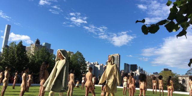 Models wearing the Yeezy Season 4 collection by Kanye West during a fashion show in 2016 on Roosevelt Island in New York City.