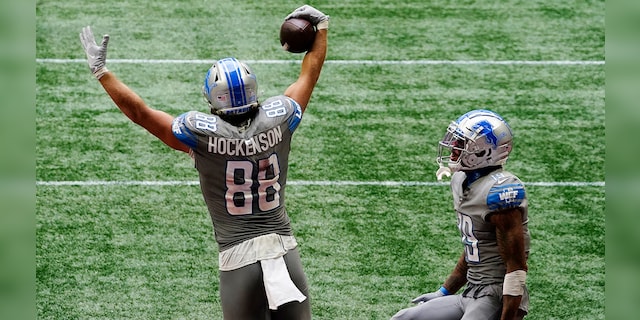Detroit Lions tight end T.J. Hockenson (88) celebrates his touchdown against the Atlanta Falcons during the second half of an NFL football game, Sunday, Oct. 25, 2020, in Atlanta. The Detroit Lions won 23-22. (AP Photo/Brynn Anderson)