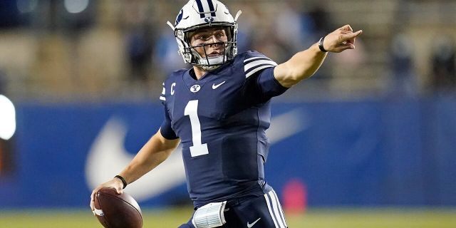 BYU quarterback Zach Wilson looks down field in the first half during an NCAA college football game against Texas State Saturday, Oct. 24, 2020, in Provo, Utah. (AP Photo/Rick Bowmer)
