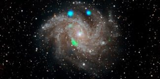This visible-light image of the Fireworks galaxy (NGC 6946) comes from the Digital Sky Survey, and is overlaid with data from NASA