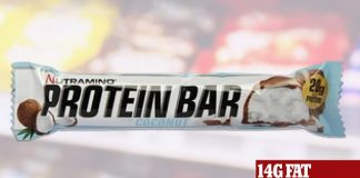 A Nutramino Protein Bar Coconut 66g, contains 290 calories, 14g of fat and 9.9g of saturated fat. That