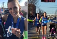 Julia Webb set the world record for a half marathon pushing a stroller Sunday in the Route 66 Marathon in Tulsa, Oklahoma.