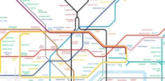 The map shows which stations have the highest levels of PM2.5 pollution (name highlighted in red) and which have the least (name in green). Stations in the centre of the city and along the Northern Line have some of the worst levels, while those in the east and west have cleaner air