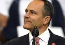 Former Kentucky Gov. Matt Bevin criticized for comments on pardon of convicted child rapist In this Nov. 4, 2019, file photo, Kentucky Gov. Matt Bevin looks out at the crowd during a campaign rally with President Donald Trump in Lexington, Ky. Bevin, who lost to Democrat Andy Beshear last month in a close race, is being criticized for comments he made during a Thursday radio interview about pardoning a man convicted of raping a young child. (AP Photo/Timothy D. Easley, File)