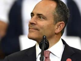 In this Nov. 4, 2019, file photo, Kentucky Gov. Matt Bevin looks out at the crowd during a campaign rally with President Donald Trump in Lexington, Ky. Bevin, who lost to Democrat Andy Beshear last month in a close race, is being criticized for comments he made during a Thursday radio interview about pardoning a man convicted of raping a young child. (AP Photo/Timothy D. Easley, File)