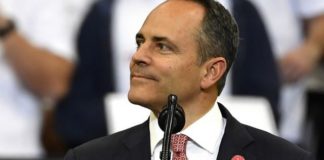 In this Nov. 4, 2019, file photo, Kentucky Gov. Matt Bevin looks out at the crowd during a campaign rally with President Donald Trump in Lexington, Ky. Bevin, who lost to Democrat Andy Beshear last month in a close race, is being criticized for comments he made during a Thursday radio interview about pardoning a man convicted of raping a young child. (AP Photo/Timothy D. Easley, File)