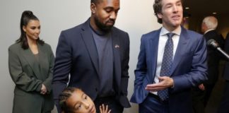 From left, Kim Kardashian West, North West, Kanye West and Joel Osteen at Lakewood Church last November in Houston.