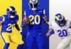 This undated graphic image released by the Los Angeles Rams NFL football team shows a composite of their new uniforms - two versions of 