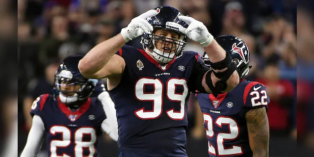 Former Houston Texans defensive end J.J. Watt (99) celebrates during the second half of an NFL wild-card playoff football game against the Buffalo Bills in Houston, on Jan. 4, 2020. (Associated Press)